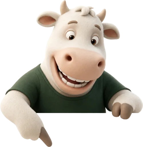 ALS mascot cow leaning over the card and pointing down at it