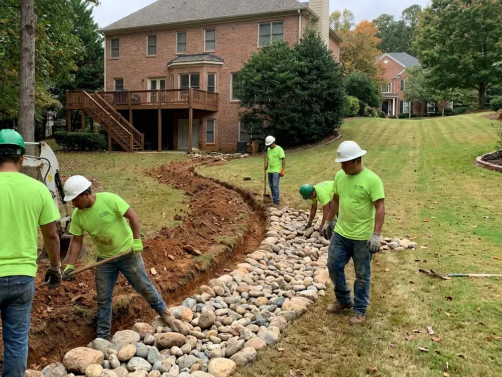 ALS crew cutting a drainage swale across a sloped Atlanta back yard and setting river rock into it.
