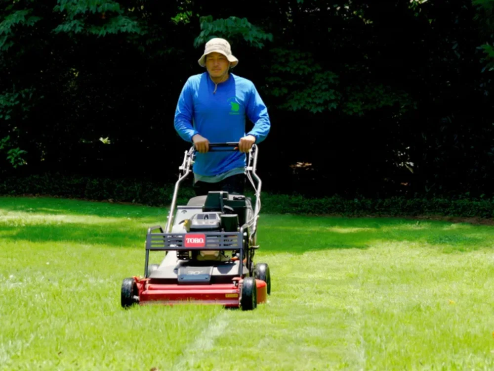 ALS crew member mowing a shaded Atlanta lawn with a walk-behind mower, fresh stripes behind him.
