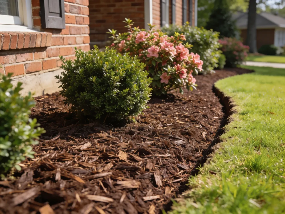 Freshly mulched bed with a crisp cut edge against green lawn.