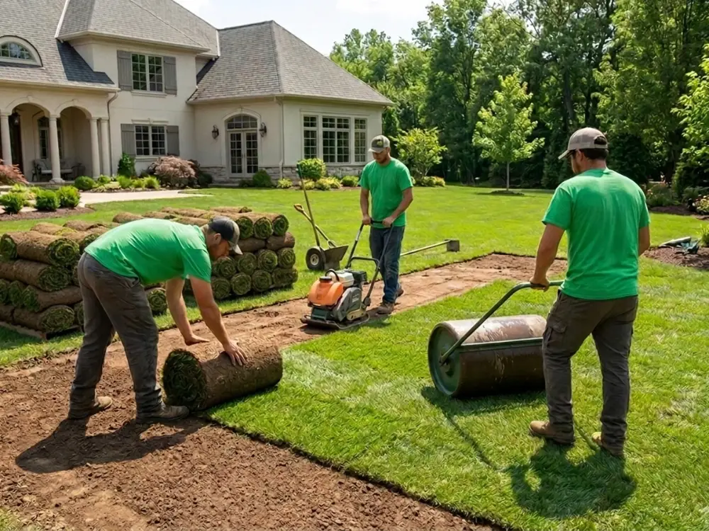 ALS crew laying fresh sod over graded soil — one man unrolling, one compacting, one rolling the seams, pallets stacked at the edge.